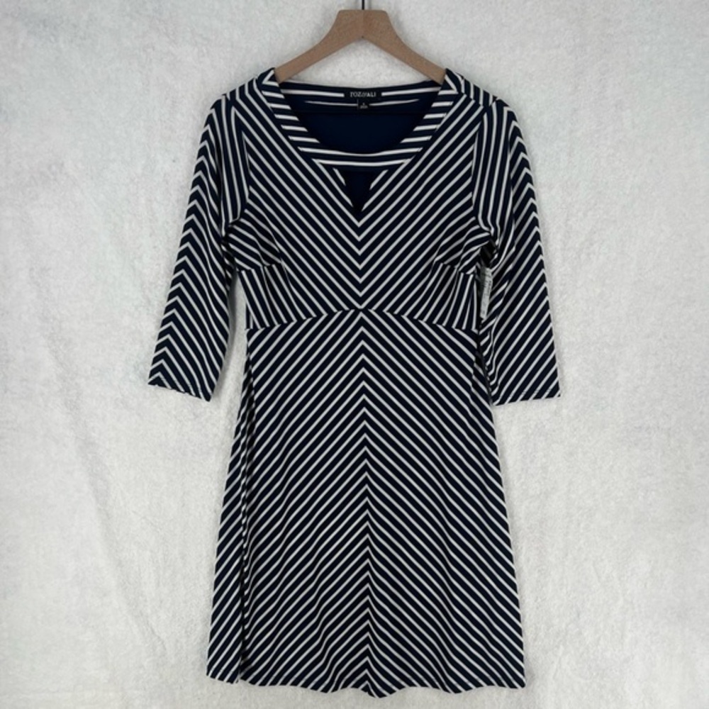 Roz & Ali Nautical Navy Blue White Striped Stretch Jersey Knit Keyhole Dress